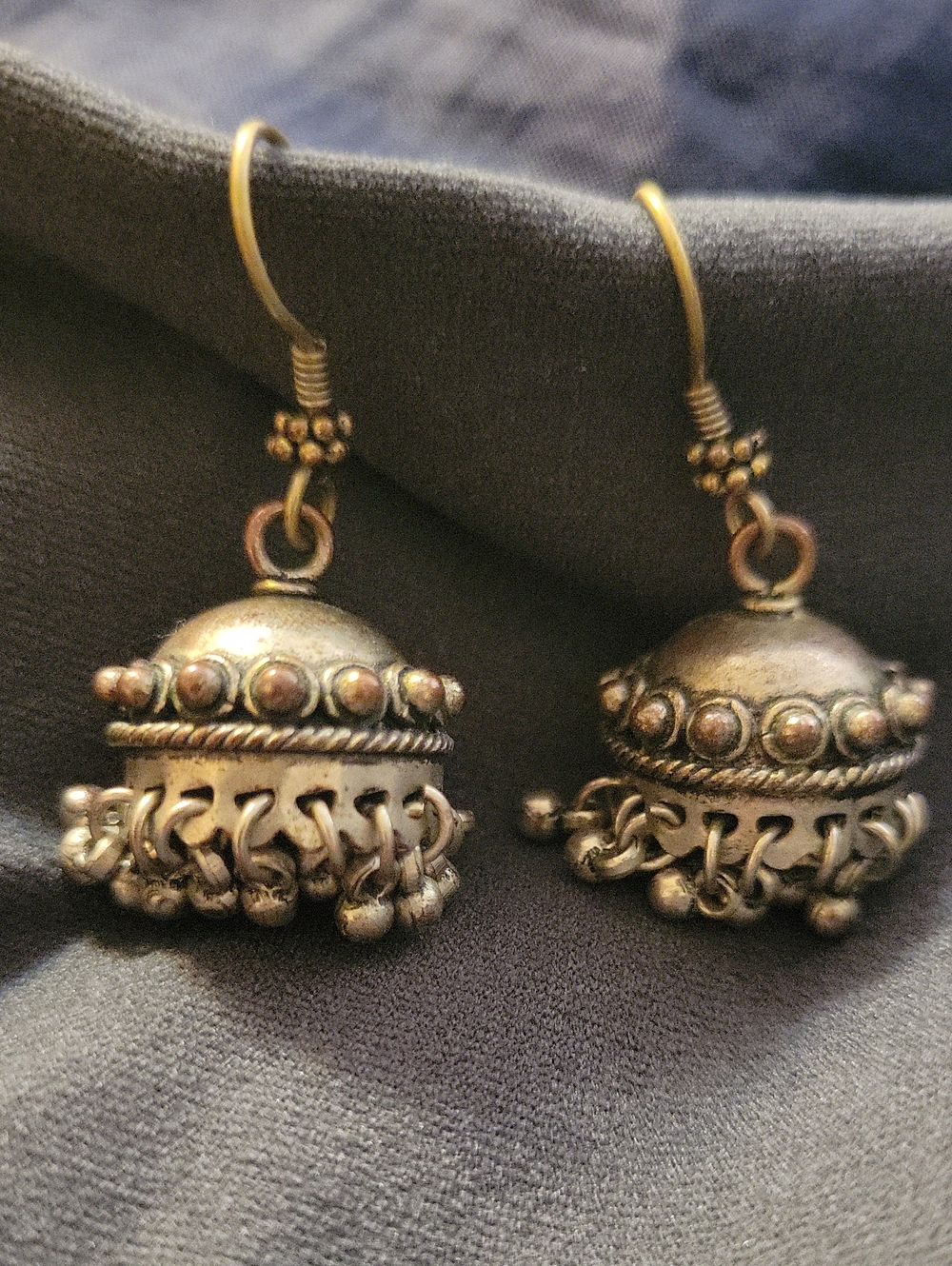Antique-Style Dangle Jhumka Earrings Silver-Tone World Market 2000s Festival